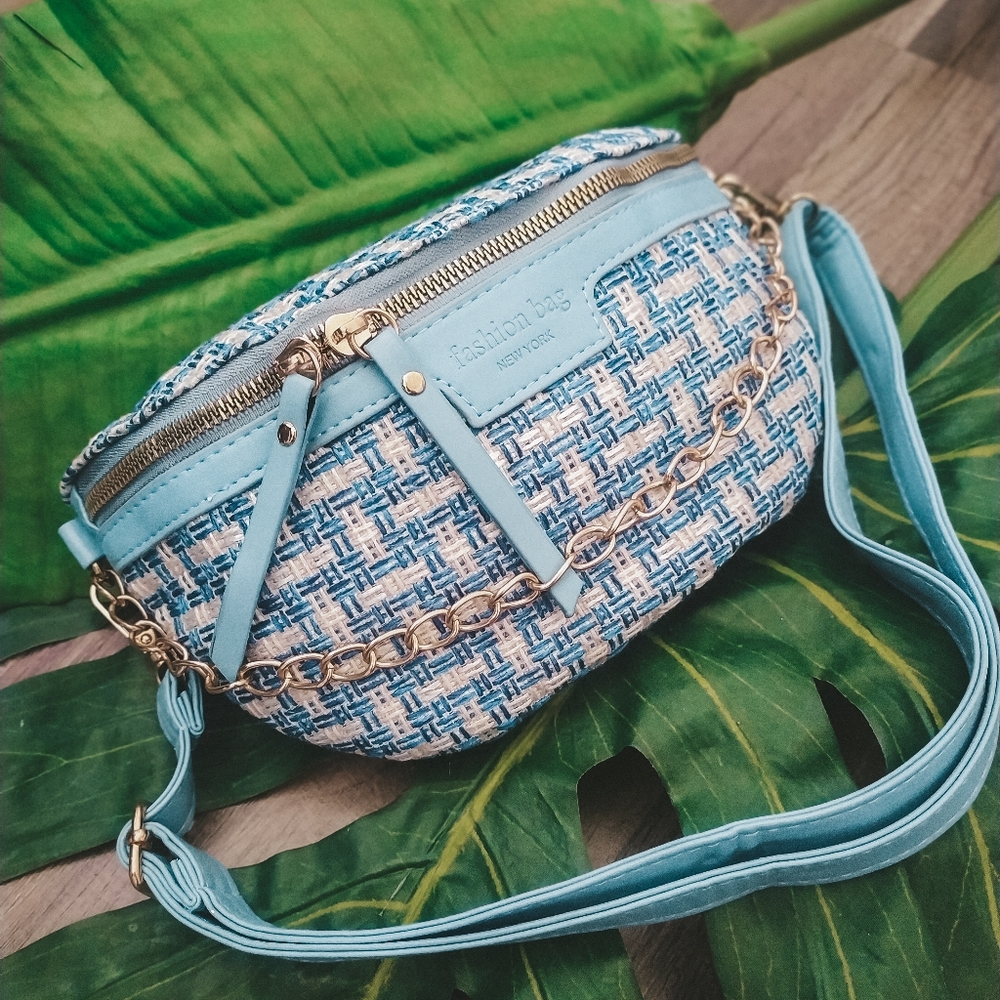 Tweed Fanny Pack Blue and Cream - Picture 2 of 5